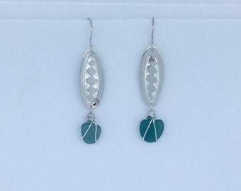 Sea Glass and Stamped Sterling Earrings