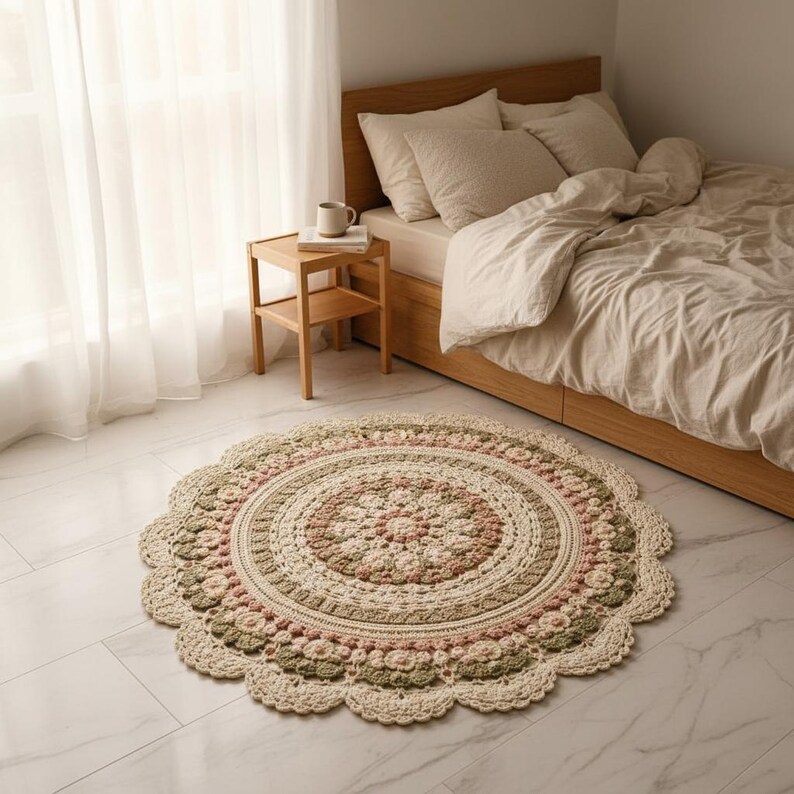 Crochet Floral Mandala Rug Pattern, Large Round Floor Mat, Cottagecore Daisy Home Decor