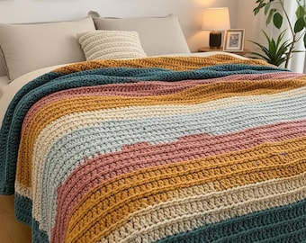 Modern Textured Crochet Blanket Pattern PDF | Cozy Striped Afghan Throw for Home Decor