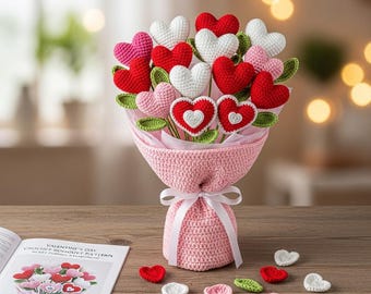 Valentine Crochet Heart Bouquet Pattern PDF, Handmade Amigurumi Love Flowers, Beginner Romantic Gift Decor