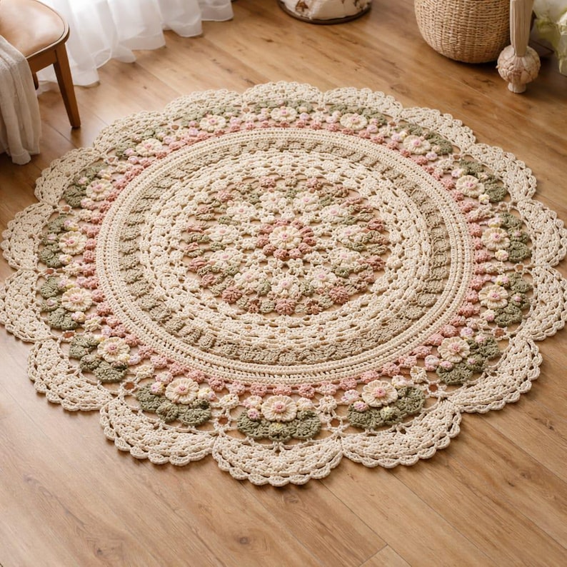 Crochet Floral Mandala Rug Pattern, Large Round Floor Mat, Cottagecore Daisy Home Decor