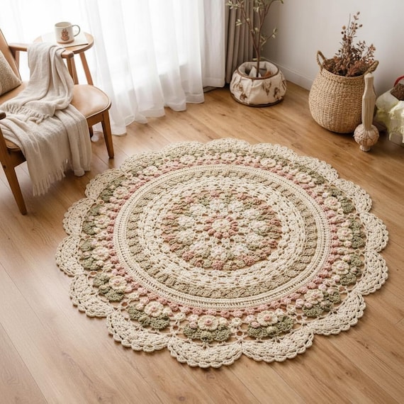 Crochet Floral Mandala Rug Pattern, Large Round Floor Mat, Cottagecore Daisy Home Decor (PDF)