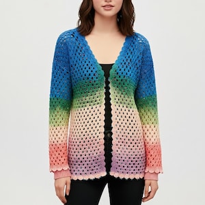 Rainbow Ombre Granny Stich CARDIGAN - Lightweight Open-Front Cardigan with Scalloped Edges |-Crochet Pattern PDF
