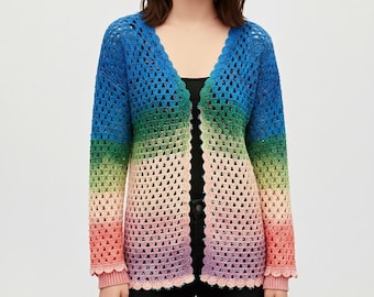 Rainbow Ombre Granny Stich CARDIGAN - Lightweight Open-Front Cardigan with Scalloped Edges |-Crochet Pattern PDF