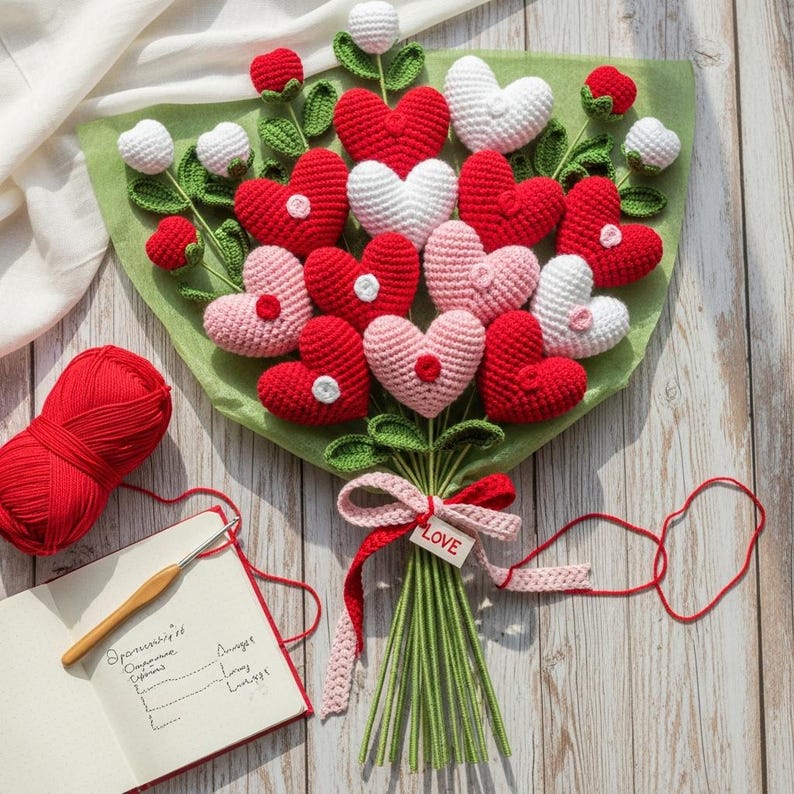 Valentine Crochet Heart Bouquet Pattern PDF, Handmade Amigurumi Love ...