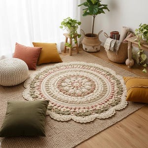 Crochet Floral Mandala Rug Pattern, Large Round Floor Mat, Cottagecore Daisy Home Decor