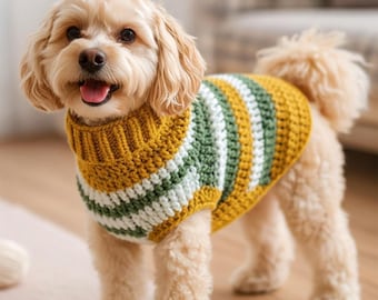 Crochet Dog Sweater Pattern – Striped Ribbed Pullover, Button Neck (PDF Pattern)