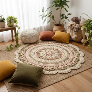 Crochet Floral Mandala Rug Pattern, Large Round Floor Mat, Cottagecore Daisy Home Decor