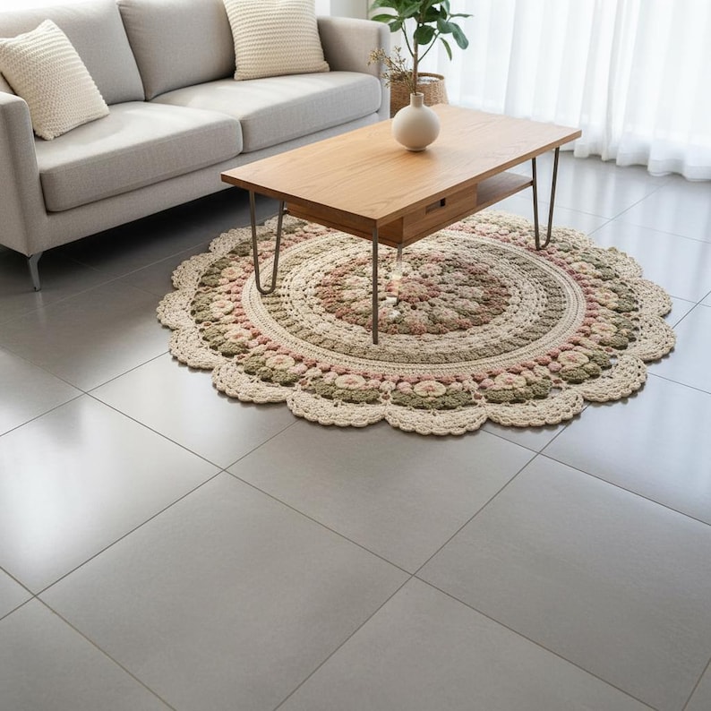 Crochet Floral Mandala Rug Pattern, Large Round Floor Mat, Cottagecore Daisy Home Decor