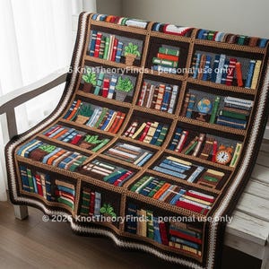 Könnte beinhalten: Eine gehäkelte Decke mit einem Bücherregal-Design. Die braune Decke hat Quadrate, die Bücherregale mit bunten Büchern, Pflanzen und einem Globus darstellen. Der Rand ist weiß und braun. Der Text "©2026 KnotTheoryFinds | personal use only" ist sichtbar.