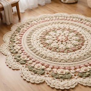 Crochet Floral Mandala Rug Pattern, Large Round Floor Mat, Cottagecore Daisy Home Decor