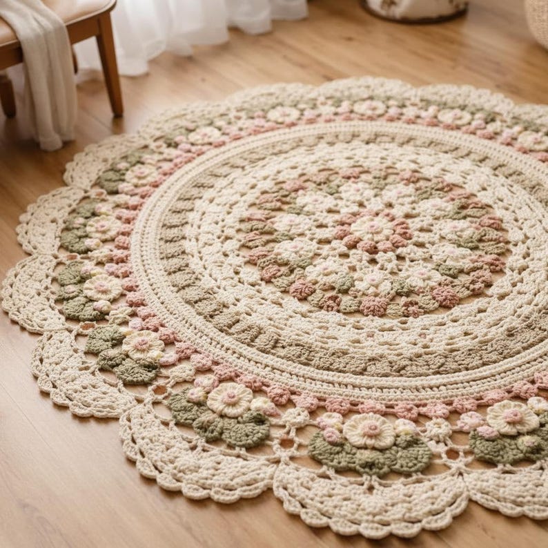Crochet Floral Mandala Rug Pattern, Large Round Floor Mat, Cottagecore Daisy Home Decor