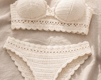 Scalloped Crochet Lingerie Set Pattern, Vintage Bikini Bralette and Panty (PDF Download)
