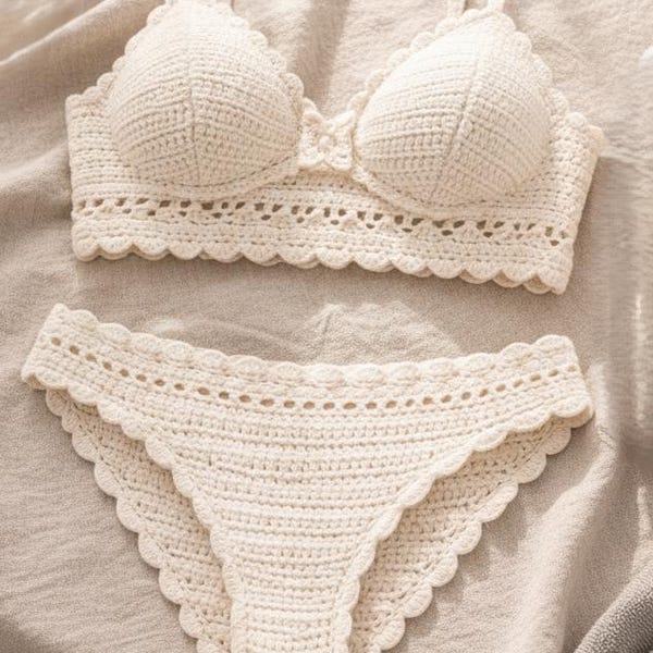 Delicate Scalloped Lingerie set | Vintage-Inspired Bralette & Panty Crochet Pattern | Digital Download