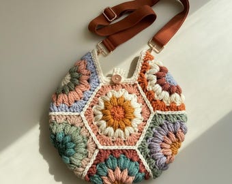 Crochet Hexagon Bag Pattern, Colorful Patchwork Handbag Tutorial (PDF)