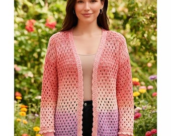 Sunset Ombre Waffle Stitch Cardigan - Coral to Lavender Gradient Open-Front Cardigan - Crochet Pattern PDF