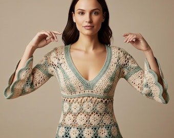 Bohemian Granny Square Crochet Top Pattern | V-Neck Bell Sleeve (PDF Pattern)