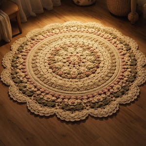 Crochet Floral Mandala Rug Pattern, Large Round Floor Mat, Cottagecore Daisy Home Decor