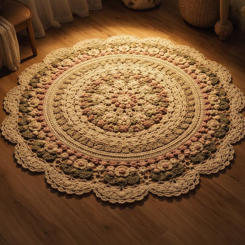 Crochet Floral Mandala Rug Pattern, Large Round Floor Mat, Cottagecore Daisy Home Decor
