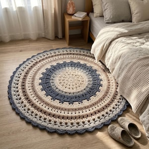 May include: A round, crocheted rug with a scalloped edge. The rug features concentric circles in cream, brown, and blue hues. The rug is placed on a wooden floor near a bed and a small wooden side table.