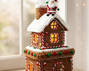 Crochet Gingerbread House with Santa PDF | Lighted Christmas Decor Pattern | Festive Amigurumi Cottage
