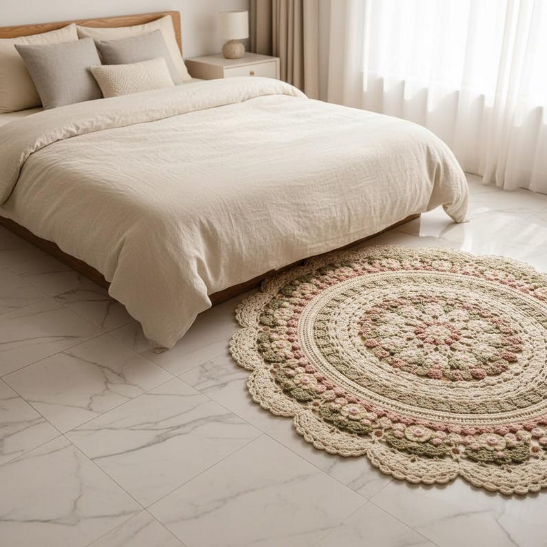 Crochet Floral Mandala Rug Pattern, Large Round Floor Mat, Cottagecore Daisy Home Decor