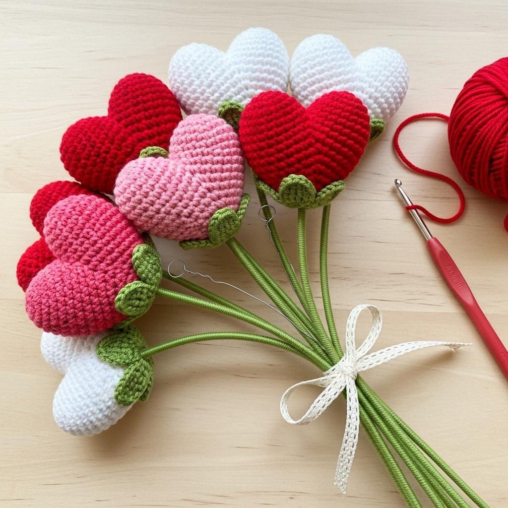 Valentine Crochet Heart Bouquet Pattern PDF, Handmade Amigurumi Love ...