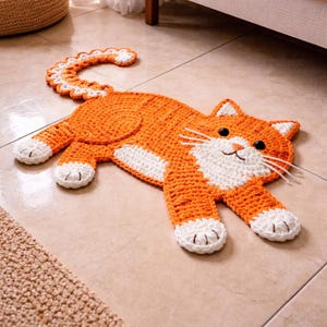May include: An orange and white crocheted cat-shaped rug. The rug features a detailed design with a smiling face, whiskers, and a curled tail. The cat's body is orange with white accents on the paws, face, and tail. The rug is designed to lay flat on the floor.