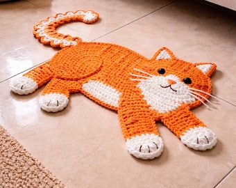 Patrón de alfombra de ganchillo con diseño de gato atigrado, tapete de piso con diseño de animal naranja (descarga digital)