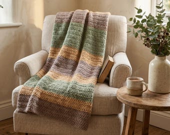 Moss Stitch Crochet Blanket Pattern, Beginner Reversible Striped Throw (PDF Download)