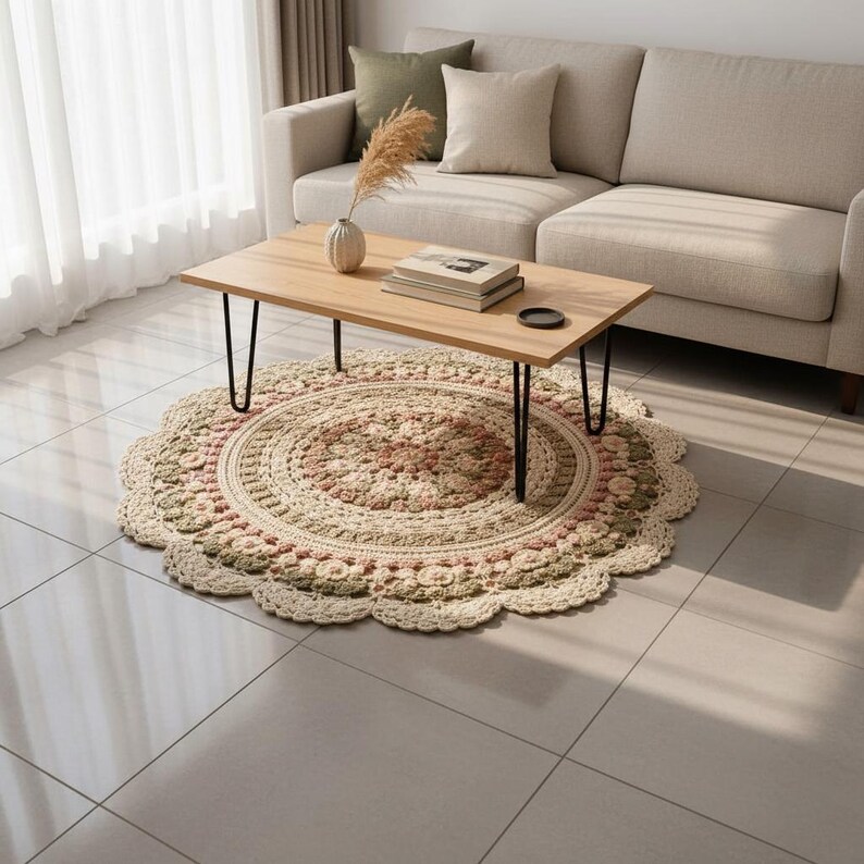 Crochet Floral Mandala Rug Pattern, Large Round Floor Mat, Cottagecore Daisy Home Decor