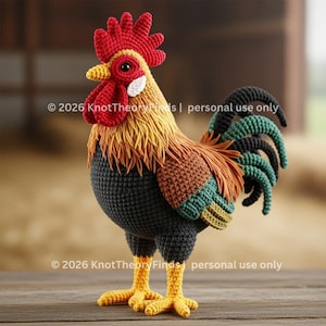 Puede incluir: Figura de gallo hecha a mano con ganchillo. El gallo presenta una cresta y barbilla rojas, pico amarillo y un cuerpo con detalles negros, marrones, naranjas, verdes y amarillos. El texto "© 2026 KnotTheoryFinds | personal use only" es visible.