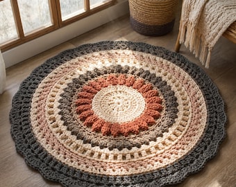 Patrón de alfombra de ganchillo estilo mandala bohemio, tonos tierra, hilo de camiseta, alfombra de 99 cm (descarga en PDF)