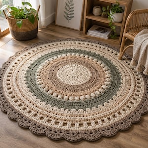Può includere: Un tappeto rotondo all'uncinetto nei toni neutri di crema, beige, marrone e verde. Il tappeto presenta un bordo smerlato e cerchi concentrici con diverse trame e motivi. Questo tappeto fatto a mano aggiunge un tocco bohémien e accogliente.