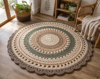 Patrón de alfombra de mandala a crochet en PDF / Tutorial de alfombra circular con textura bohemia y punto de palomitas de maíz