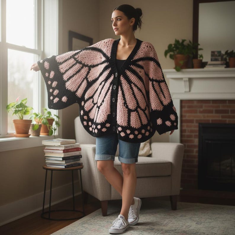 Monarch Butterfly Cardigan Crochet Pattern PDF, Granny Square Butterfly Wings Sweater, Oversized Crochet Wearable Art