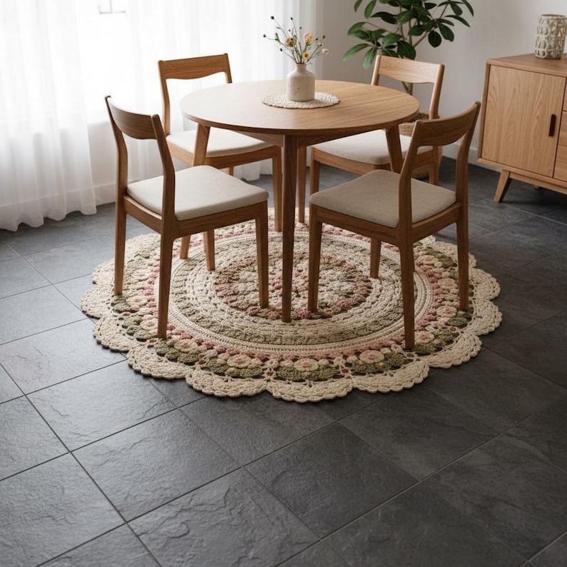 Crochet Floral Mandala Rug Pattern, Large Round Floor Mat, Cottagecore Daisy Home Decor