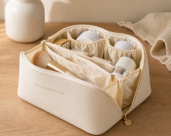 Neceser organizador de maquillaje para viajes – Estuche de cosméticos con cremallera de piel sintética y separadores interiores