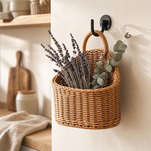 Cesto de parede em rattan trançado – ideal para pendurar frutas, perfeito para decorar sua cozinha, jardim ou casa.