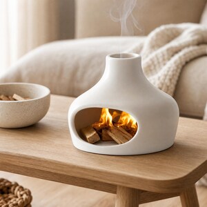 Puede incluir: Una chimenea de mesa de cerámica blanca con una forma redondeada y lisa y una amplia abertura ovalada en la parte frontal. Dentro de la abertura, pequeños trozos de madera arden con llamas de color naranja brillante y sale humo.