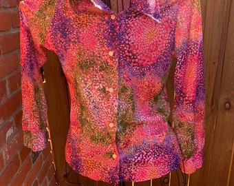 Vintage 60's/70's Retro LuckyTops by L & K Pink with purple and green design. Long Sleeve