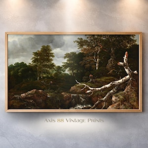 Puede incluir: Pintura de paisaje vintage enmarcada, con una cascada, árboles y un cielo nublado. La obra de arte tiene un marco de madera natural y el texto "Axis 88 Vintage Prints" en la parte inferior.