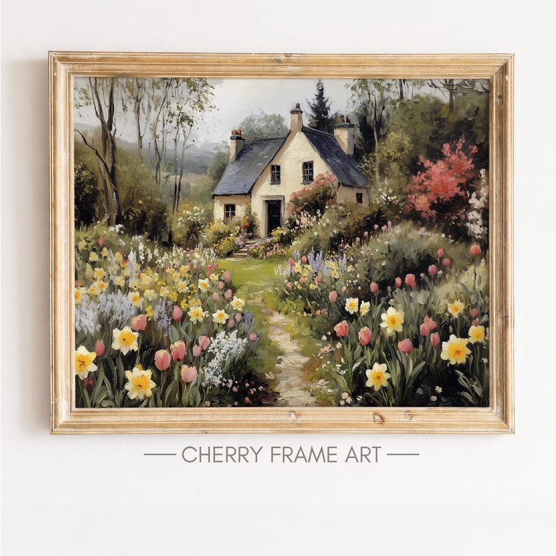 Cottage Garden Wall Art Printable, Spring Landscape Painting, Cozy ...