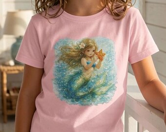 Mermaid with Starfish Youth Tee | Cute Ocean Watercolor | Little Girls cute mermaid t-shirt | Summer Fashion ocean beach wear graphic tee