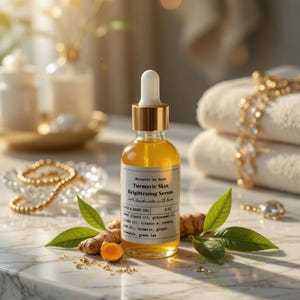 May include: A clear glass bottle of turmeric skin brightening serum with a gold cap and dropper. The label reads "Turmeric Skin Brightening Serum". The bottle is surrounded by turmeric root, green leaves, and a gold necklace on a marble surface.