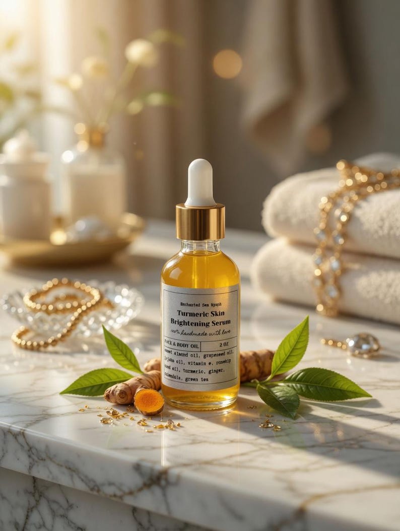 May include: A clear glass bottle of turmeric skin brightening serum with a gold cap and dropper. The label reads "Turmeric Skin Brightening Serum". The bottle is surrounded by turmeric root, green leaves, and a gold necklace on a marble surface.