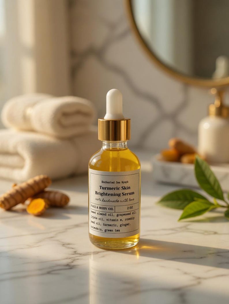 May include: A clear glass bottle of Turmeric Skin Brightening Serum with a gold cap and white dropper. The label reads "Enchanted Sea Nymph" and "100% handmade with love." The bottle is on a marble surface, with turmeric roots and a green leaf in the background.