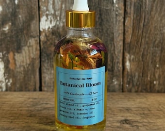 Botanical Bloom Body Oil Lavender & Rose Geranium Flower Infused Skin Oil with jojoba, grapeseed, sweet almond, vitamin e, rosehip seed oil
