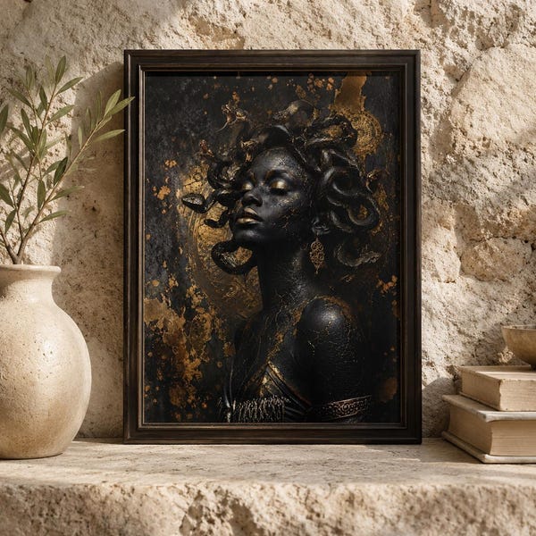 Black Medusa Wall Art Poster, Dark Goddess Poster, Gothic Greek Mythology Decor, Black Gold Fantasy Art, Snake Queen Wall Art Print Gift