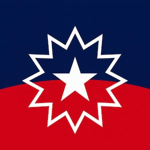 May include: A rectangular flag featuring a horizontal split with a dark blue upper section and a red lower section. Centered on the flag is a white twelve-pointed starburst shape containing a single white five-pointed star in the middle.
